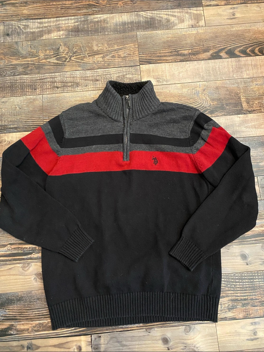 U.S. Polo Assn. Black, Gray & Red Half-Zip Striped Sweater
